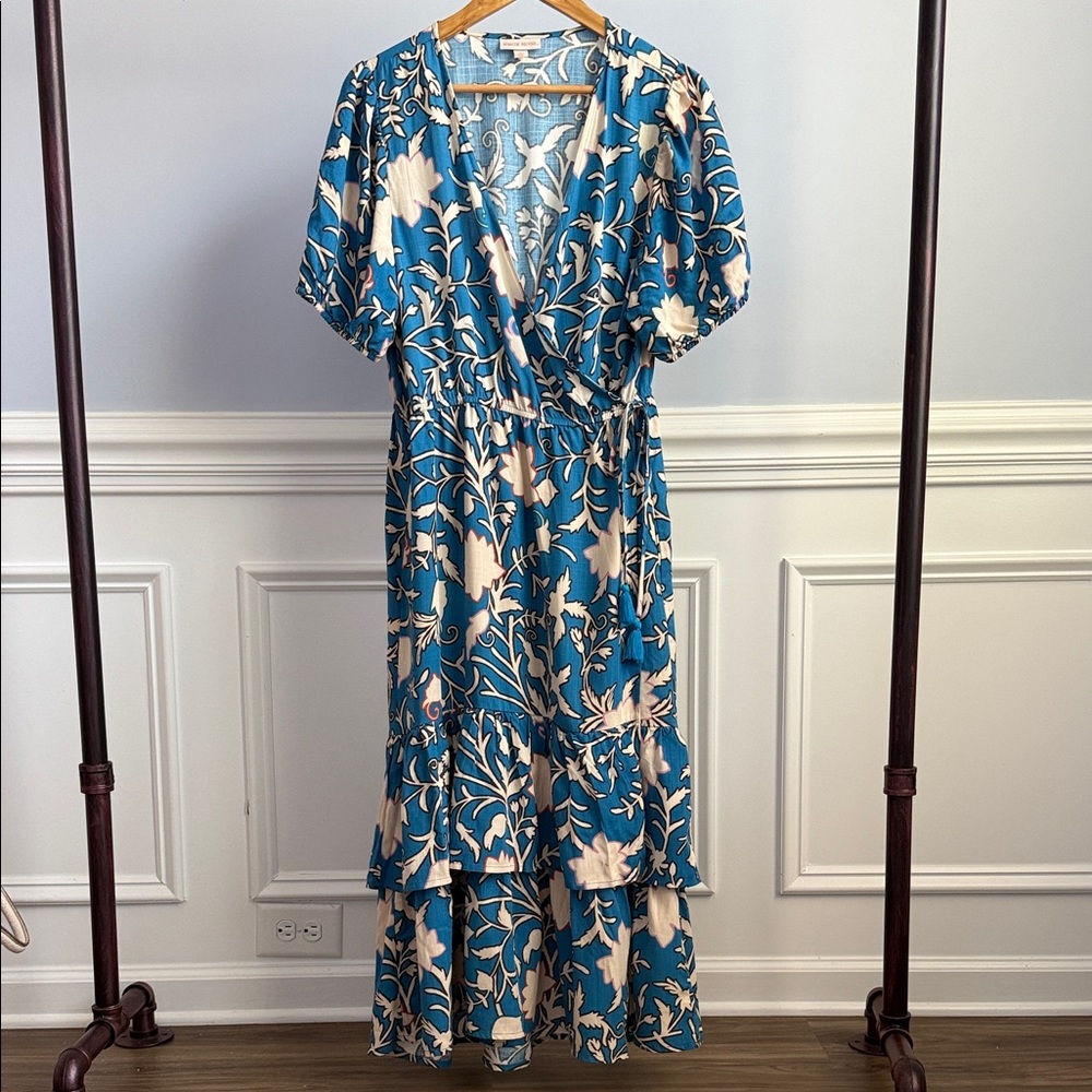 Knox Rose Blue Floral Short Sleeve Wrap Midi Summer Rayon Dress XL